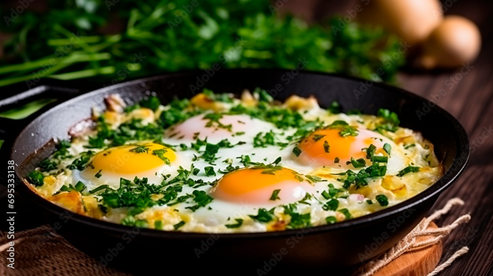 fried eggs with vegetables and herbs. Selective focus. fried eggs with vegetables and herbs. Selective focus.