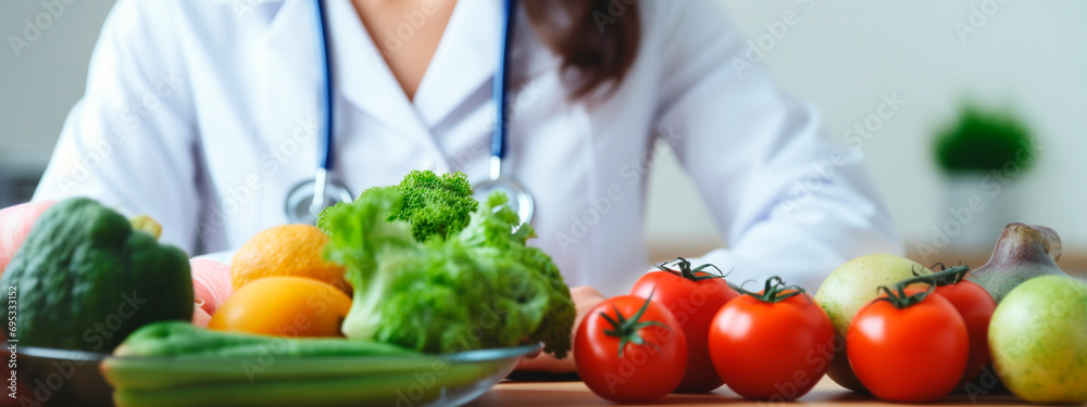 Woman doctor on the table with vegetables and fruits. Selective focus. Woman doctor on the table with vegetables and fruits. Selective focus.