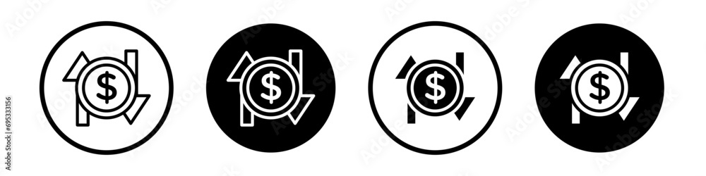 Operating profit loss icon set. cfo vector symbol. business net profit and loss sign. financial expense icon in black filled and outlined style. - obrazy, fototapety, plakaty 