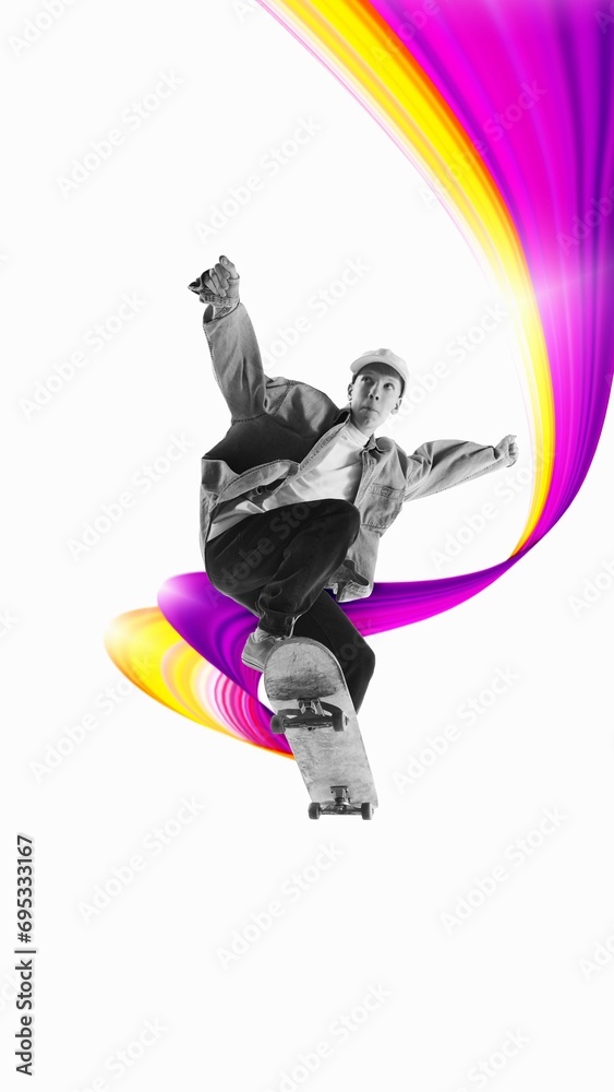 Teen boy training, riding on skateboard against white background with colorful abstract element. Creative design. Concept of creativity, art, sport, competition, training, action
