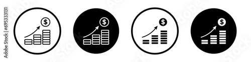Fund growth icon set. revenue increase vector symbol. cost rise sign. profit margin increase icon in black filled and outlined style. photo