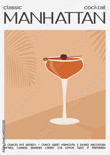 Manhattan Classic Cocktail garnished with maraschino cherry. Classic alcoholic beverage recipe wall art print. Summer aperitif poster. Minimalist alcoholic drink placard. Vector illustration.