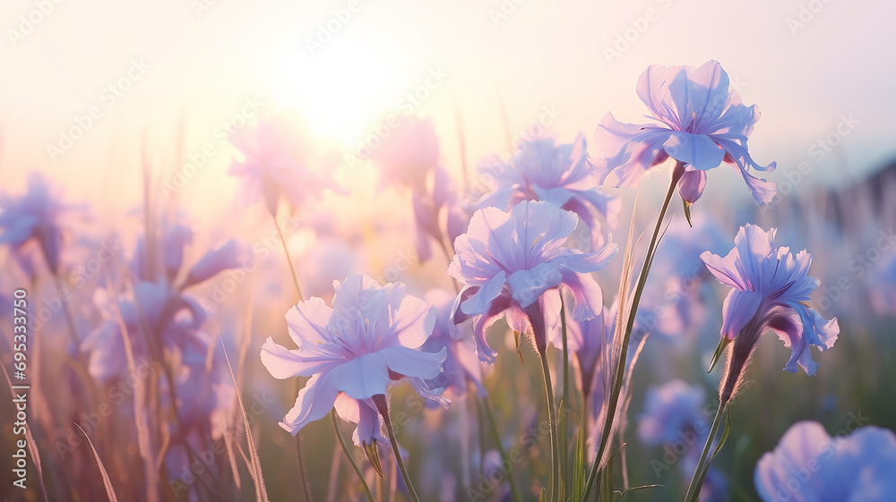 delicate soft pastel blue flowers in the morning mist, light blue irises on a wild field in the pink tones of spring - obrazy, fototapety, plakaty 