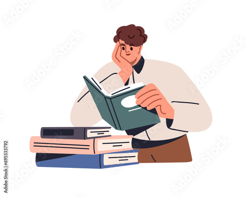 Man student reading book, studying. Person learning science, business, preparing for exam. Happy bookworm reader. Education, knowledge concept. Flat vector illustration isolated on white background