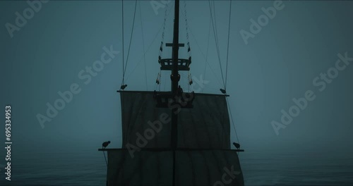 Large medieval ship sailing Caribbean sea at golden pink sunset. Cinematic old medieval ship gracefully sailing in the open sea toward horizon. Dream trip, ideal summer vacation on Saint Lucia island