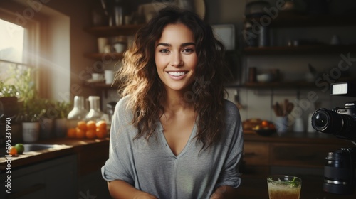 Hispanic young woman vlogging healthy smoothies recipes in a rustic kitchen © sirisakboakaew