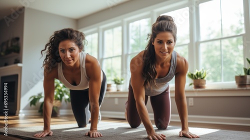 Hispanic young women helping each other while exercising at home
