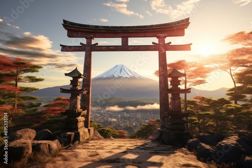 Fotografia Japanese tori gate:composite image. Mount Fuji