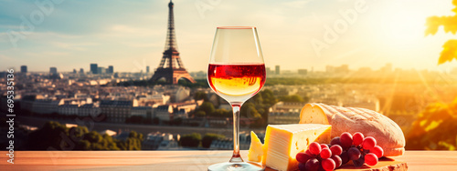 Glass of wine and cheese Eiffel Tower background. Selective focus.