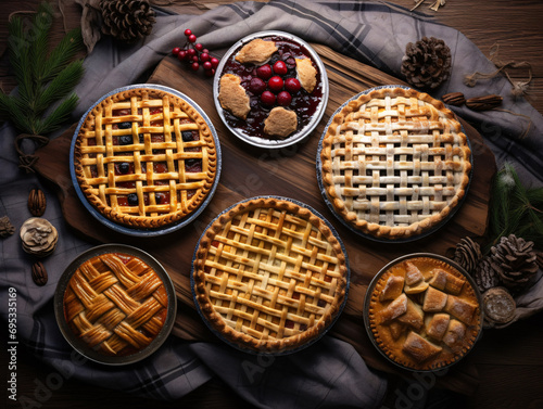 Assorted pies with lattice pastry, traditional thanksgiving dessert, autumn baking concept, top view. International Cake Day.