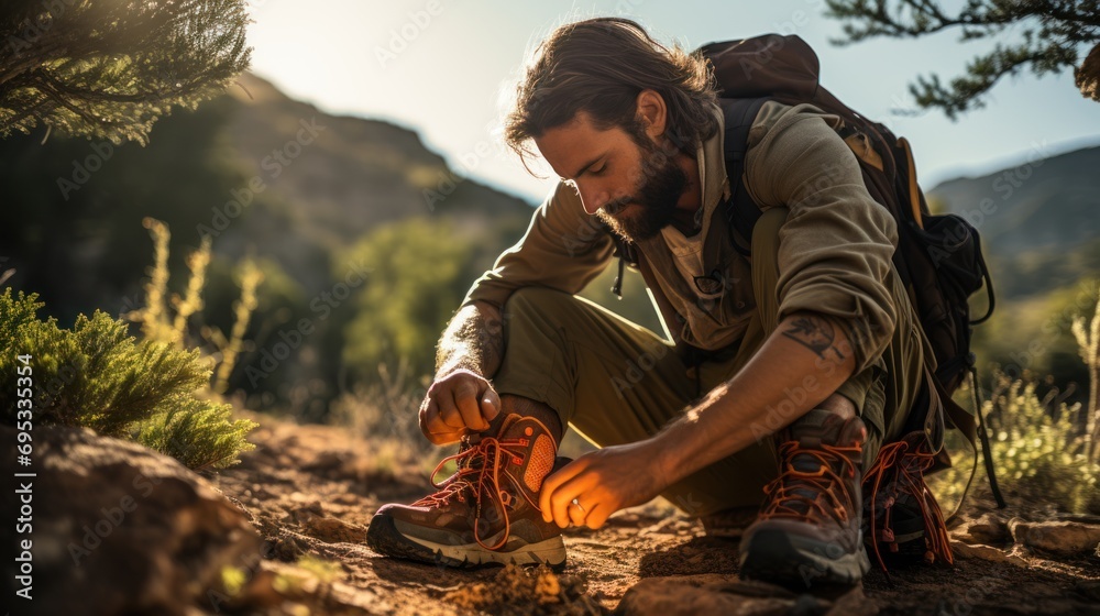 Man setting up shoe laces outdoors in the wilderness Man setting up shoe laces outdoors in the wilderness
