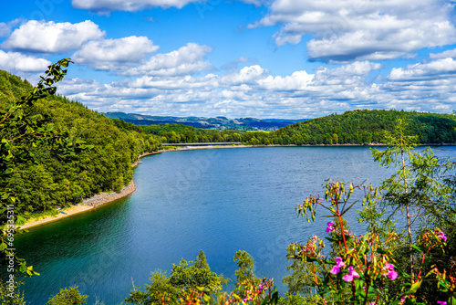 View of the Biggesee near Attendorn in the Olpe district with the surrounding nature. Landscape by the lake in the Sauerland. Bigge Dam.
 photo