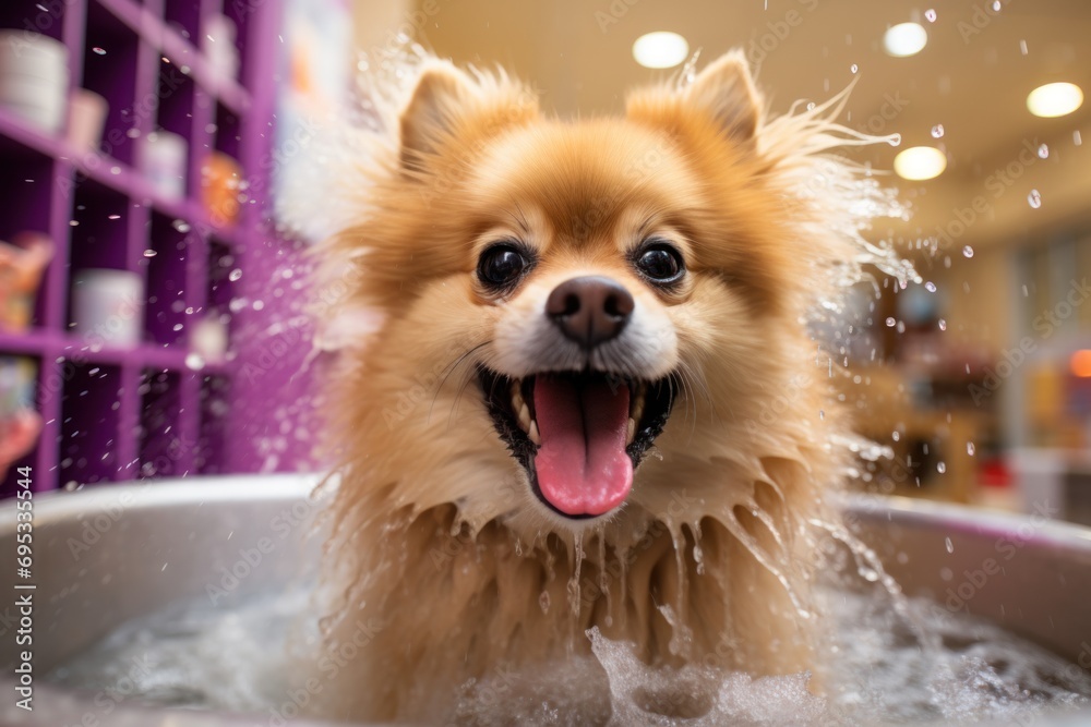 Pomeranian Dog Enjoying Bath Treatment in Pet Salon Pomeranian Dog Enjoying Bath Treatment in Pet Salon