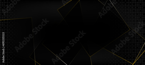 Black Business Paper with Gold Lines. 3D Abstract Polygonal Shiny Cover. Golden Silver Polygon Frame. Royal Rich VIP Geo Design. Gold Crystal Luxury Card. New Year Christmas Squares Poster.