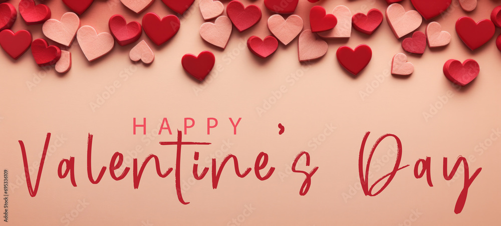 Happy Valentines day, Valentine's day love concept banner greeting card template with text - Fallen red wooden hearts, isolated on paper table background texture, top view Happy Valentines day, Valentine's day love concept banner greeting card template with text - Fallen red wooden hearts, isolated on paper table background texture, top view
