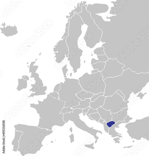 Blue CMYK national map of NORTH MACEDONIA inside simplified gray blank political map of European continent on transparent background using Mercator projection