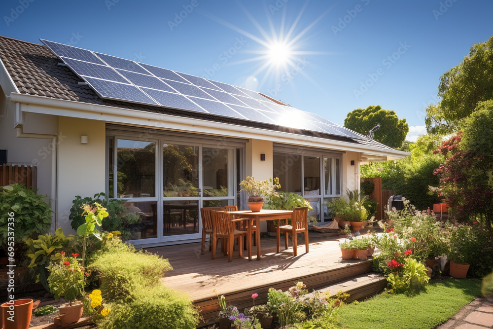 Fototapeta premium Beautiful house with solar panels on the roof under a bright sky. Sustainable and clean energy at a new eco friendly home.