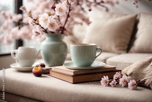 Cup of coffee and vase with blooming branches on sofa in room #695338108