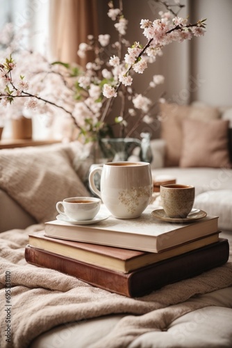 Cup of coffee and vase with blooming branches on sofa in room