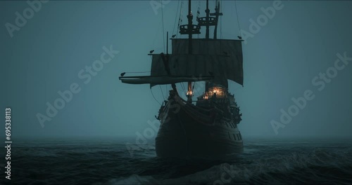 Large medieval ship sailing Caribbean sea at golden pink sunset. Cinematic old medieval ship gracefully sailing in the open sea toward horizon. Dream trip, ideal summer vacation on Saint Lucia island