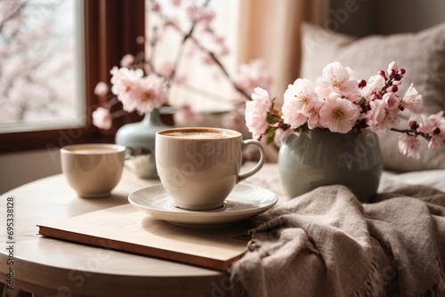 Cup of coffee and vase with blooming branches on sofa in room