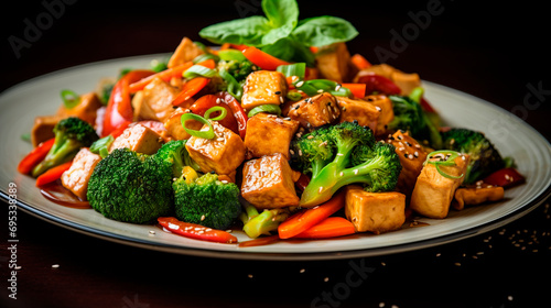 Fried tofu cheese with broccoli and vegetables. Selective focus.