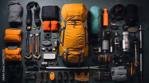 Camping and hiking trips with views from above. and hiking gear, equipment, and accessories for mountain travel.