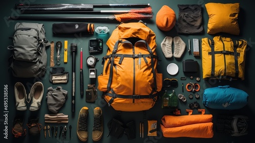 Camping and hiking trips with views from above. and hiking gear, equipment, and accessories for mountain travel.