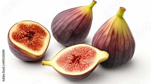 Flying in air fresh ripe whole and cut Figs isolated on white background. generative ai