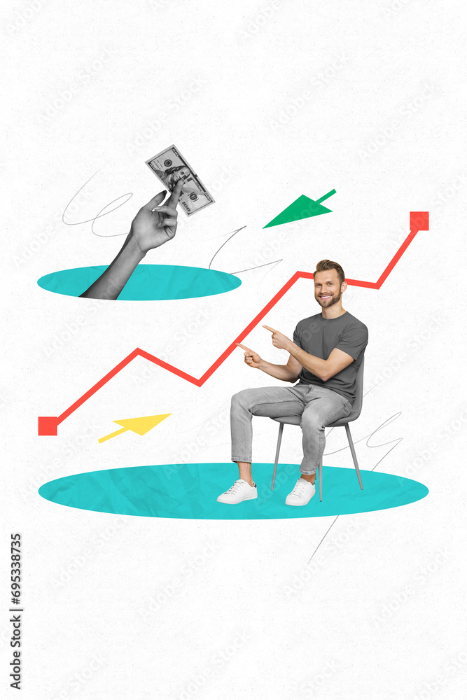 Vertical creative photo collage of young happy success guy sit on chair pointing at dollar money wealth rich profit on drawing background