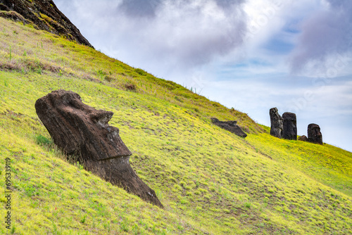 moais in the quarry of Rano Raraku, in Rapa Nui, Easter Island