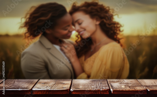 Wooden, empty table with a blurred portrait of the two black and white woman in romantic embrace. Copy space.