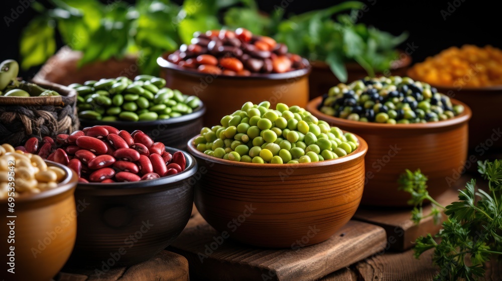 All kinds of different types of beans in simple pots on a wooden table: black beans, red beans, white beans, fabes, broad beans, alluvian chickpeas, green lentils, black lentils. - obrazy, fototapety, plakaty 