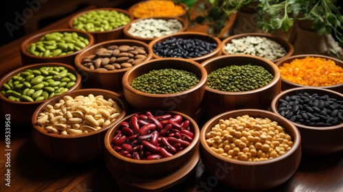 All kinds of different types of beans in simple pots on a wooden table: black beans, red beans, white beans, fabes, broad beans, alluvian chickpeas, green lentils, black lentils.