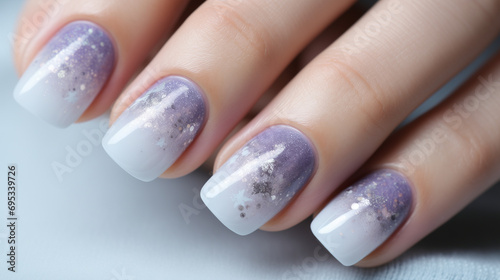 Manicured female hand showing easy short square winter wedding ombre nail art ideas. Light purple to white ombre with silver glitter. photo