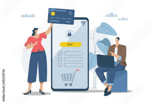 Online transactions, Pay by credit card via electronic wallet, Smartphone with Online Payment, Businessman and woman conducts financial transactions with bank electronically wirelessly. photo