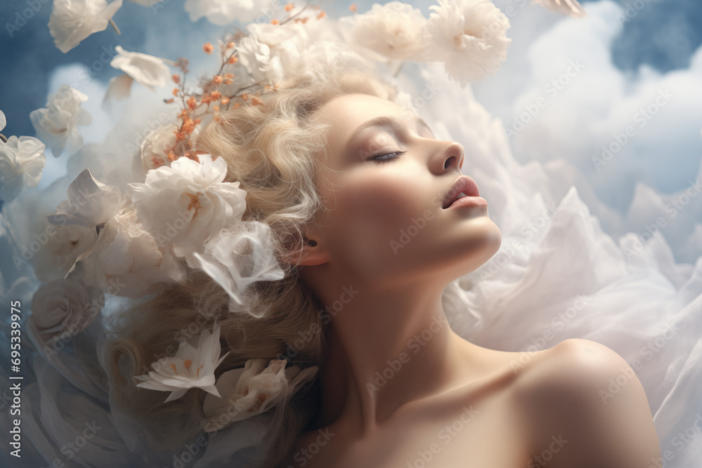 An abstract portrait of a beautiful young woman with curly blonde hair who is dreaming of white couds and flowers. Blue sky background. Wallpaper in style of surreal dreamscapes. Floralcore.