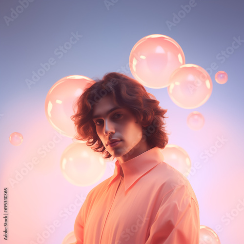 Portrait of a young man standing in front of abstract background with bubbles. Minimal concept in the style of light pink and orange while merging intense pensive portraiture and editorial photoshoot.