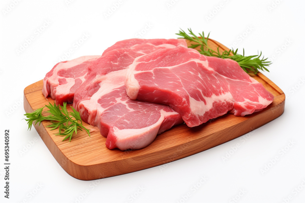 Raw sliced pork meat, isolated on white background