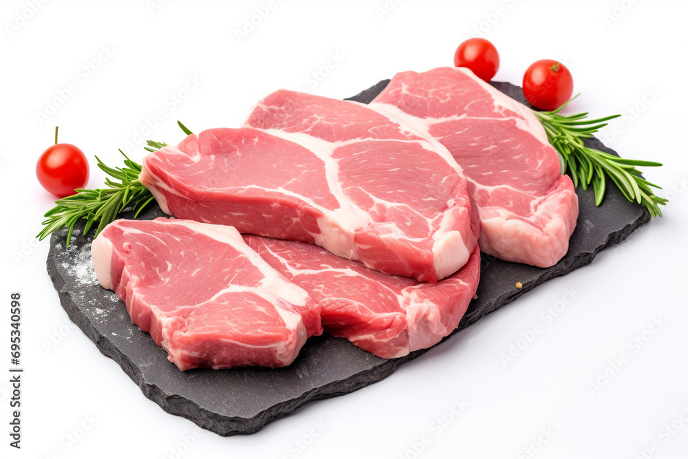 Raw sliced pork meat, isolated on white background