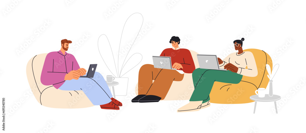 Business team, colleagues sit with laptops in beanbag chairs. Office worker, employees work under project together. Corporate coworking. Flat graphic vector illustration isolated on white background