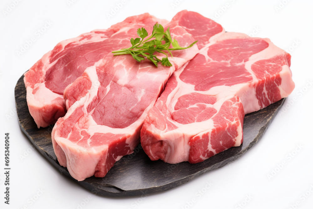 Raw sliced pork meat, isolated on white background