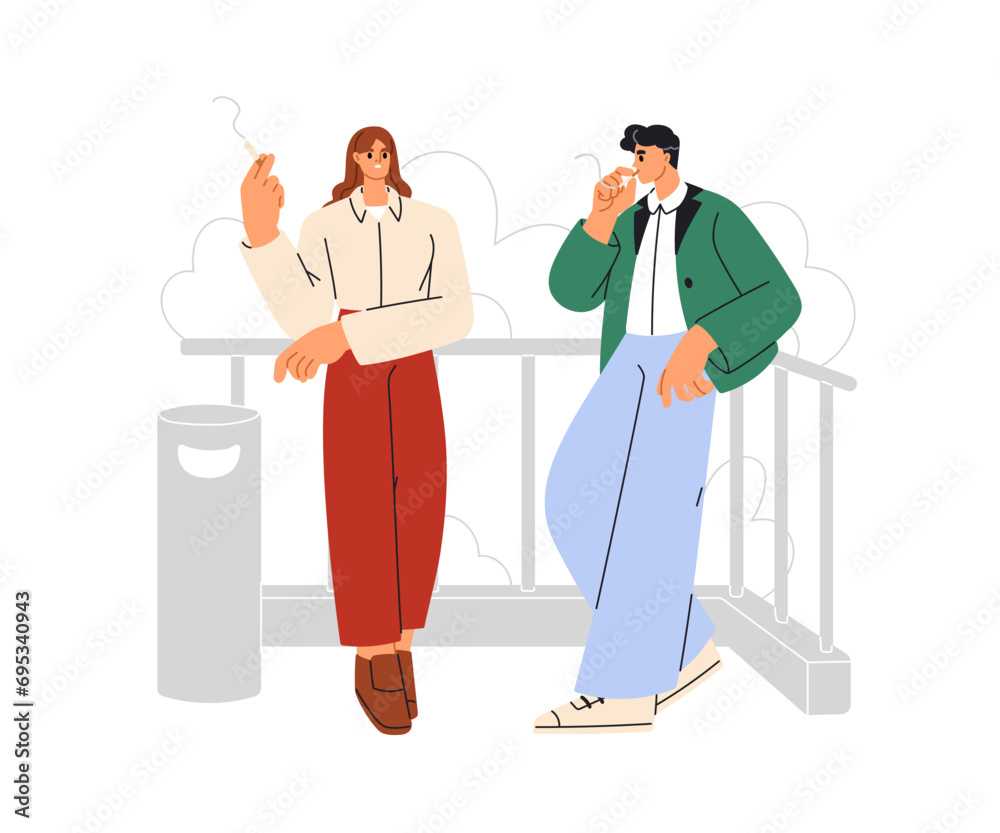Obraz premium Man and woman, smokers couple. Employees, office workers smoke during outdoor break. Business people, colleagues smoking, talking, discussing. Flat vector illustration isolated on white background