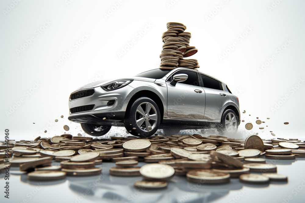 Stack of coin and miniature silver car on it, Finance and car loan, saving money for a car, buying auto finance concept, AI Generative. - obrazy, fototapety, plakaty 
