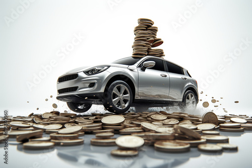 Stack of coin and miniature silver car on it, Finance and car loan, saving money for a car, buying auto finance concept, AI Generative. photo