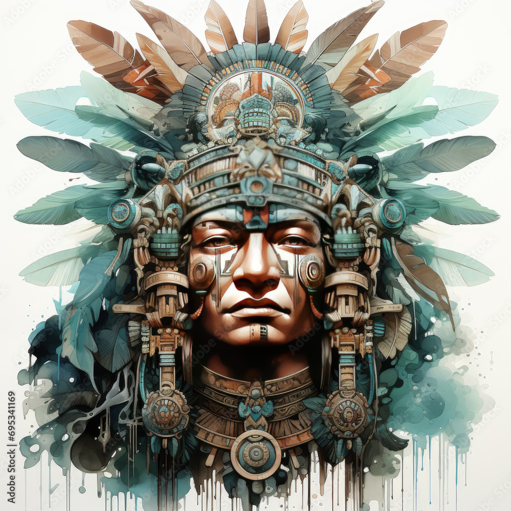 Obraz premium watercolor Aztec Queen Warriors Temple clipart, Generative Ai