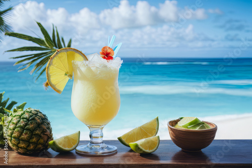 Tropical cocktail and fruits epitomizing a Caribbean vacation by the ocean, a serene beach holiday