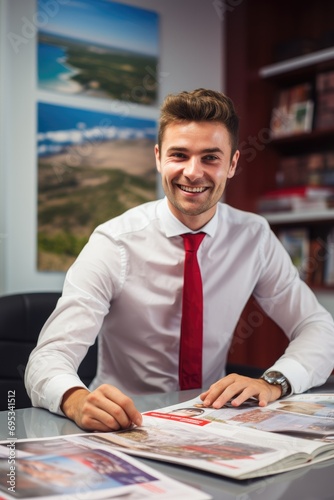 Smiling manager of the travel agency in his office of sales