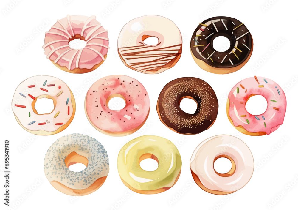 Fototapeta premium 水彩で描いたドーナツのイラストセット