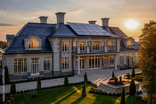 Beautiful house with solar panels on the roof under a bright sky. Sustainable and clean energy at a new eco friendly home.